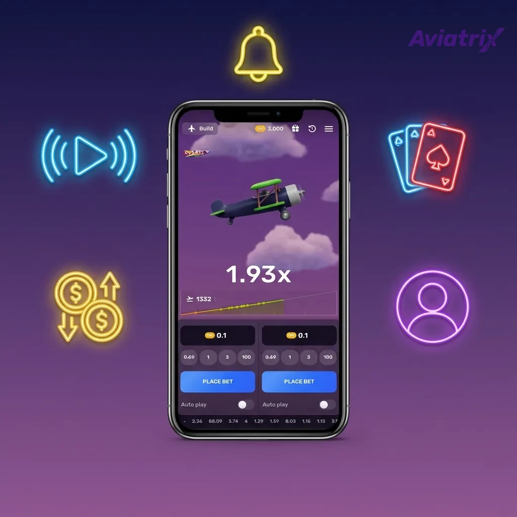 Illustration of Aviatrix players following app signals on mobile, sharing tips in chat, and celebrating wins as a group