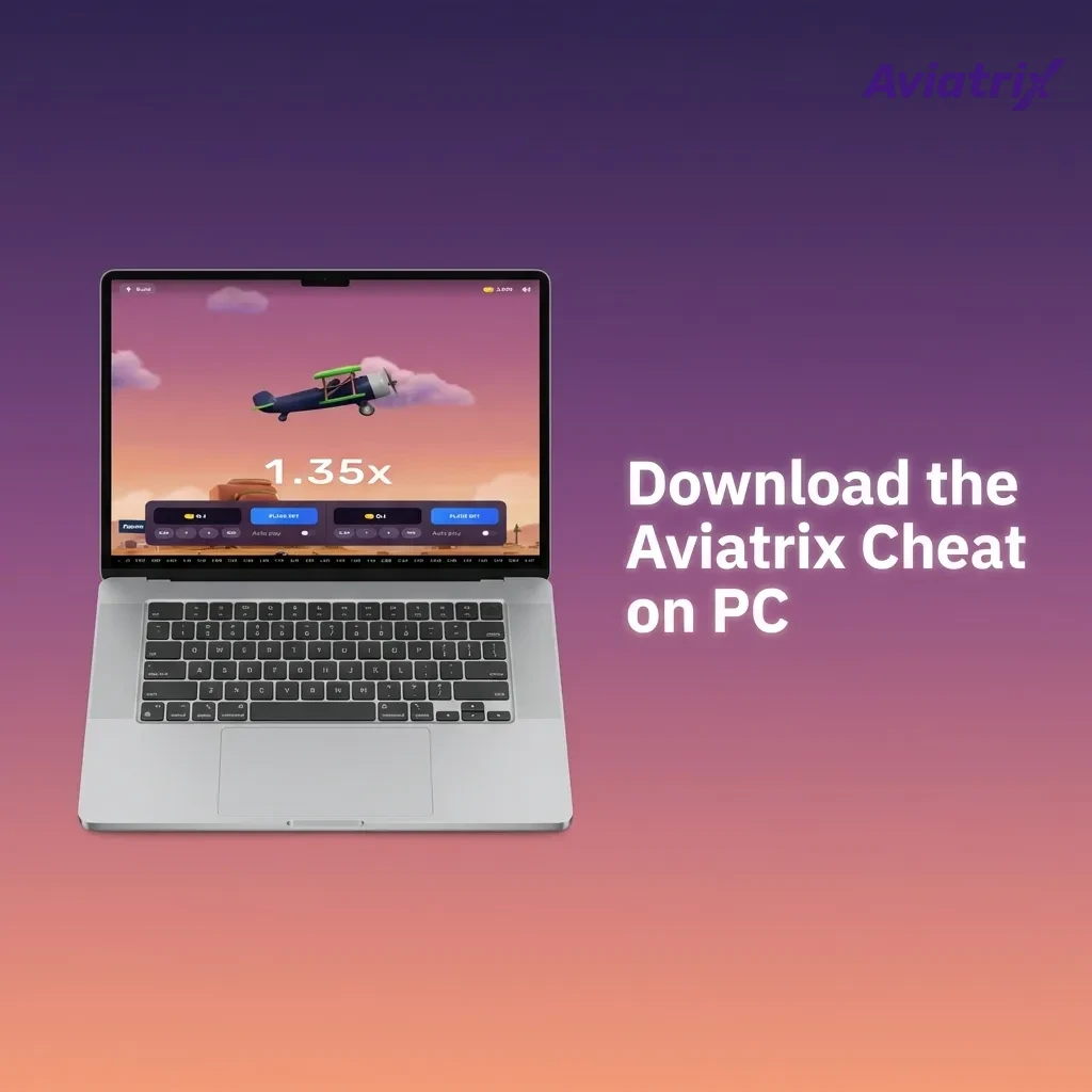 Laptop screen showing Aviatrix game and Predictor tool side by side, with charts and install steps highlighted