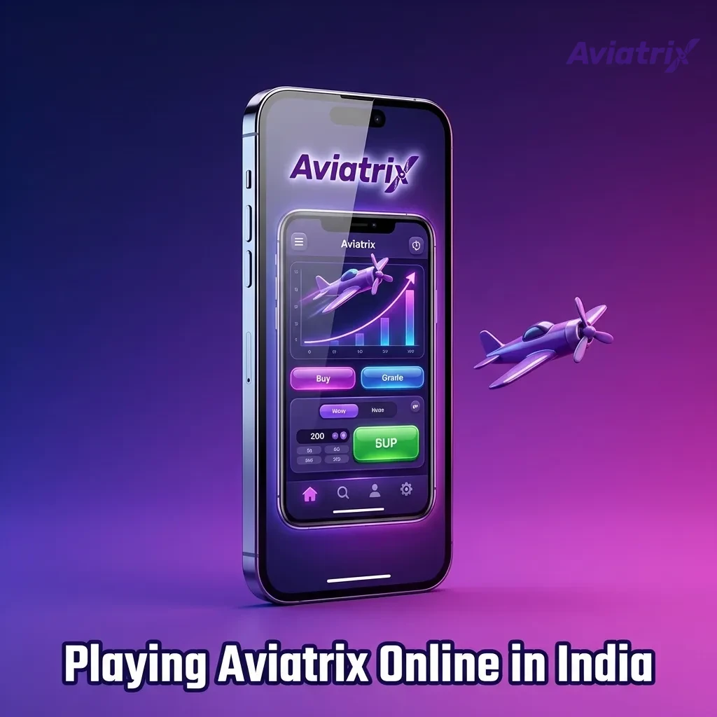Illustration of Aviatrix crash game on a laptop and phone, with rupee symbols and logos of Indian online casinos