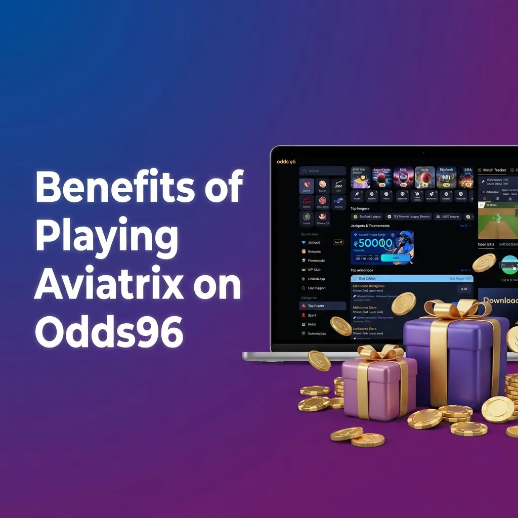 Graphic listing Aviatrix Odds96 benefits: live chat, stats, 97% RTP, auto cashout, NFT planes, and INR-friendly payments.