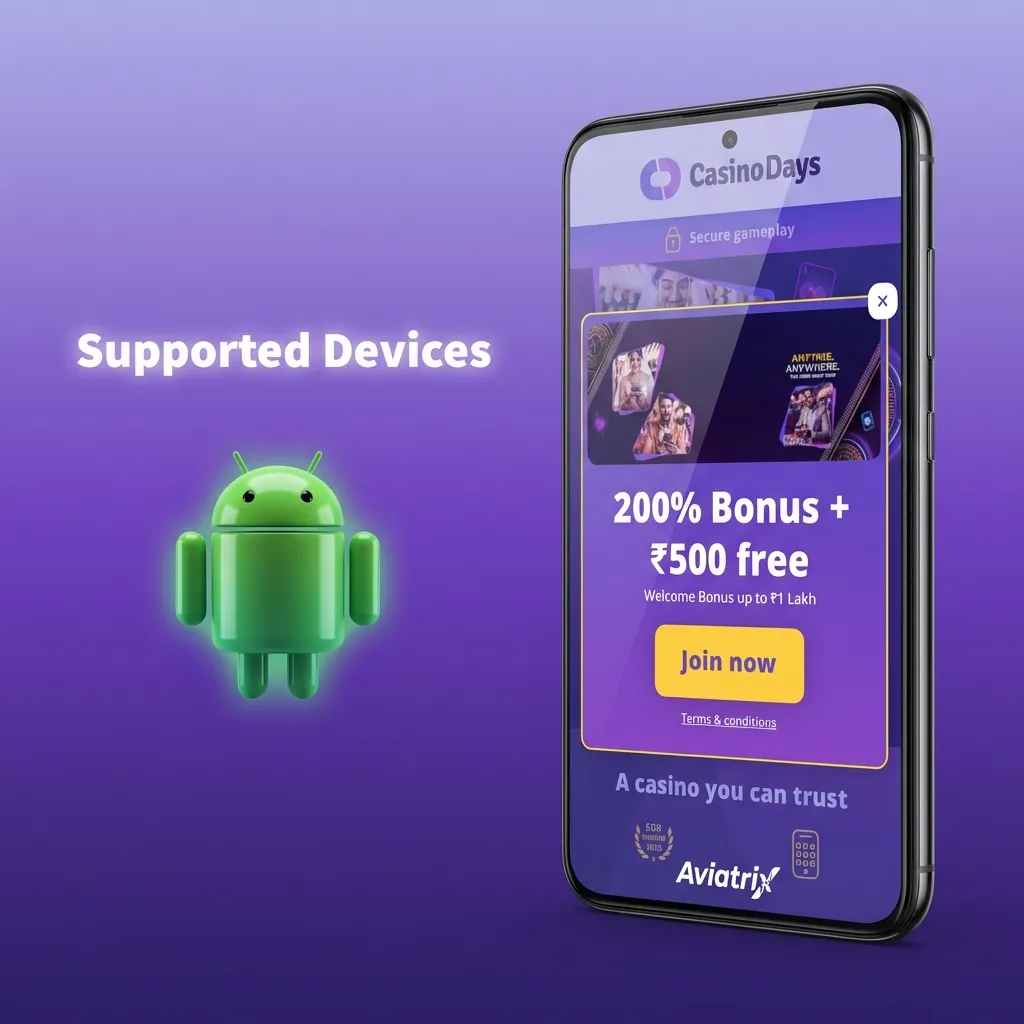 Supported Devices list showing budget, mid‑range, and flagship Android phones compatible with Casino Days Aviatrix app