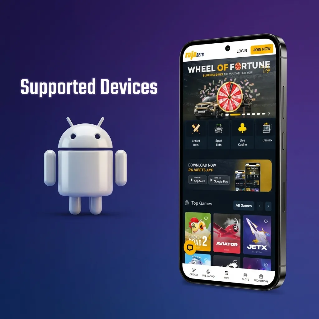 Graphic listing tested Android phones for RajaBets Aviatrix, showing budget, mid-range, and flagship models from 2020–2026